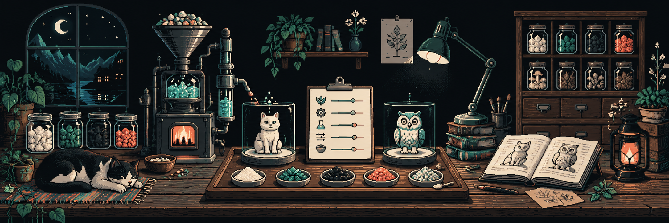A pixel-art workshop at night with a distillation furnace, ingredient jars, cat and owl models under glass, and an open notebook on a wooden workbench.